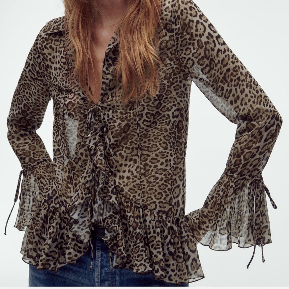 ZARA - RUFFLED LEOPARD PRINTED BLOUSE - Picture 2 of 5